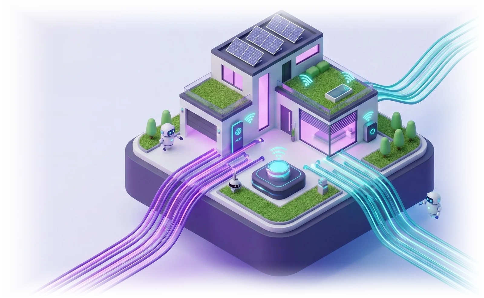 Illustration of a house on a raised platform, solar panels on the roof, with purple and teal cable bundles running in from two sides