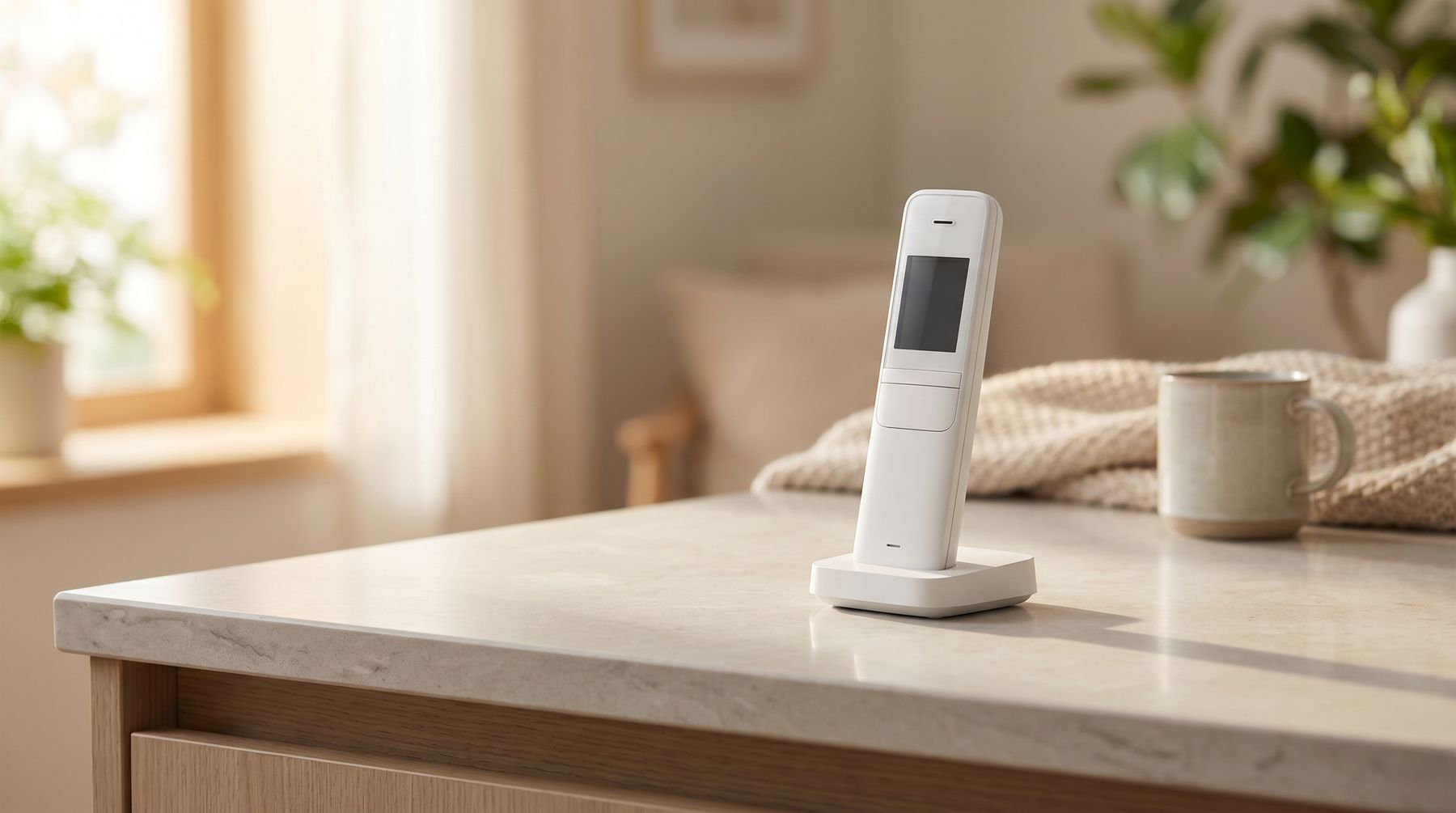 A white cordless phone standing in its base on a kitchen counter