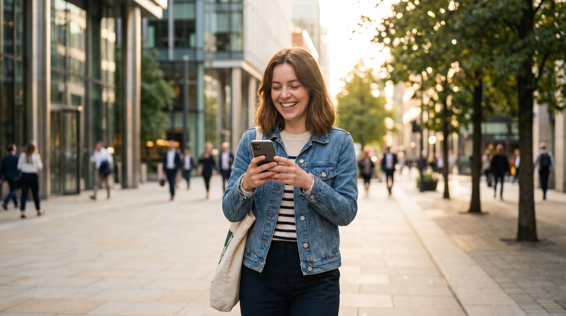 A woman in a denim jacket smiling at her phone on a city sidewalk