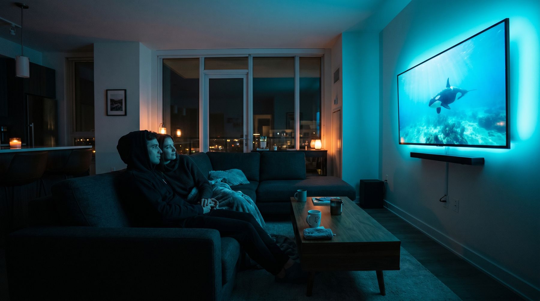 A couple on a sofa in a dark apartment watching an orca on a large wall-mounted TV