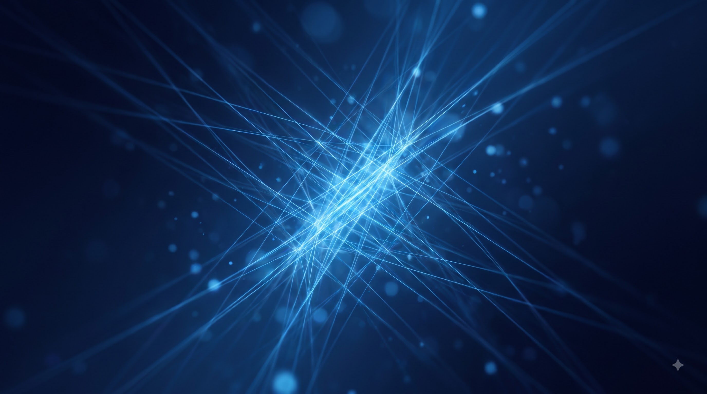 Abstract streaks of blue light crossing on a dark navy background
