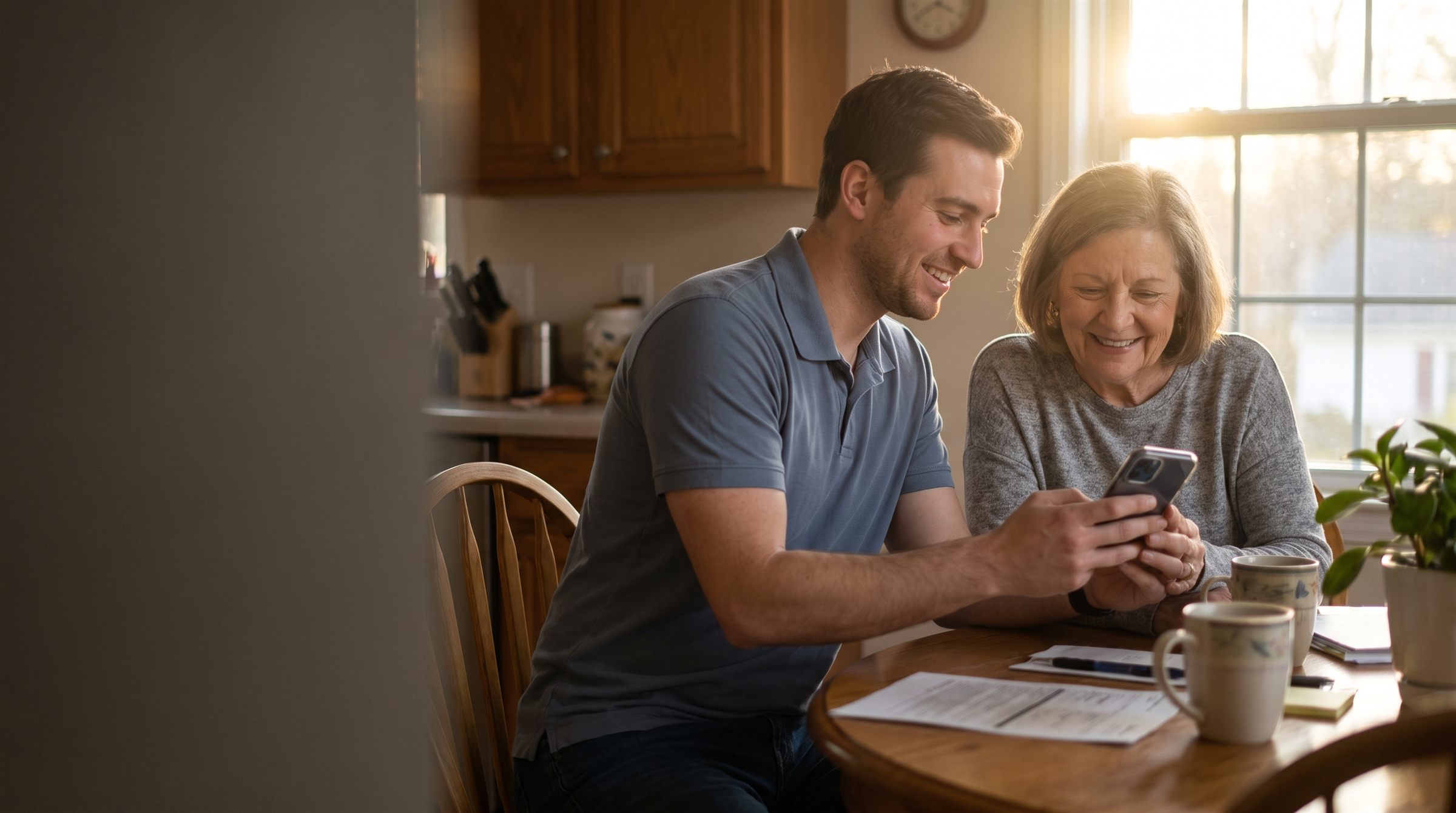A man in a blue polo shirt shows an older woman something on his phone at a sunlit kitchen table