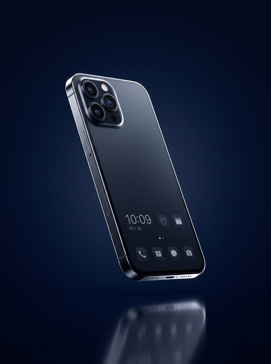 A dark smartphone with a triple camera, floating against a navy background