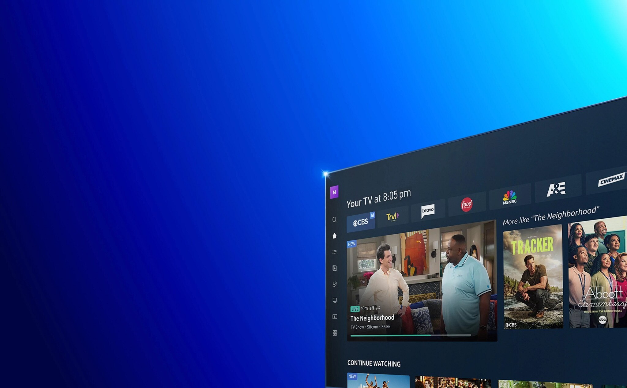 A TV angled toward the viewer, showing the DIRECTV guide with network logos, a live sitcom and suggested shows
