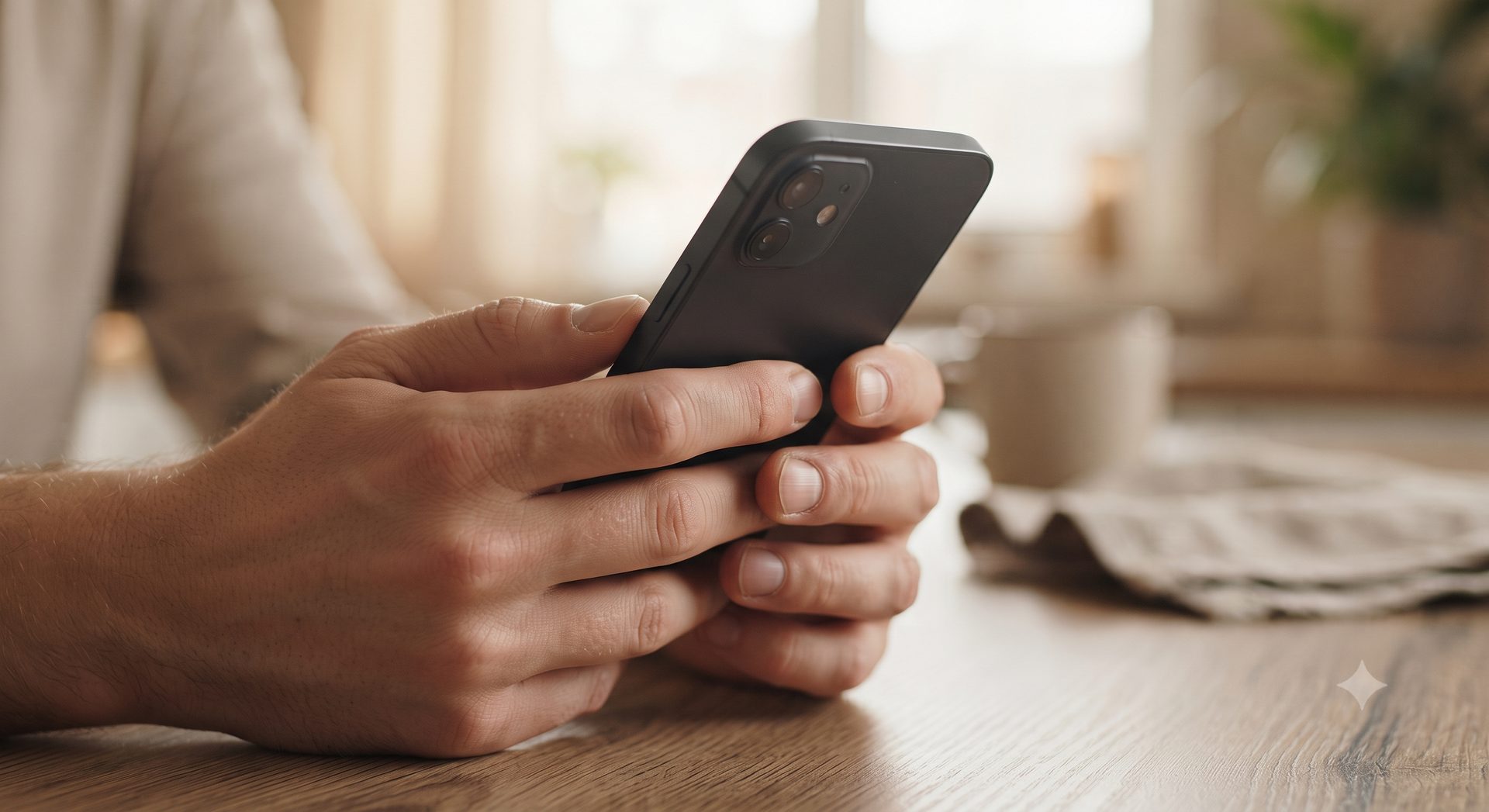Two hands holding a black smartphone above a wooden table