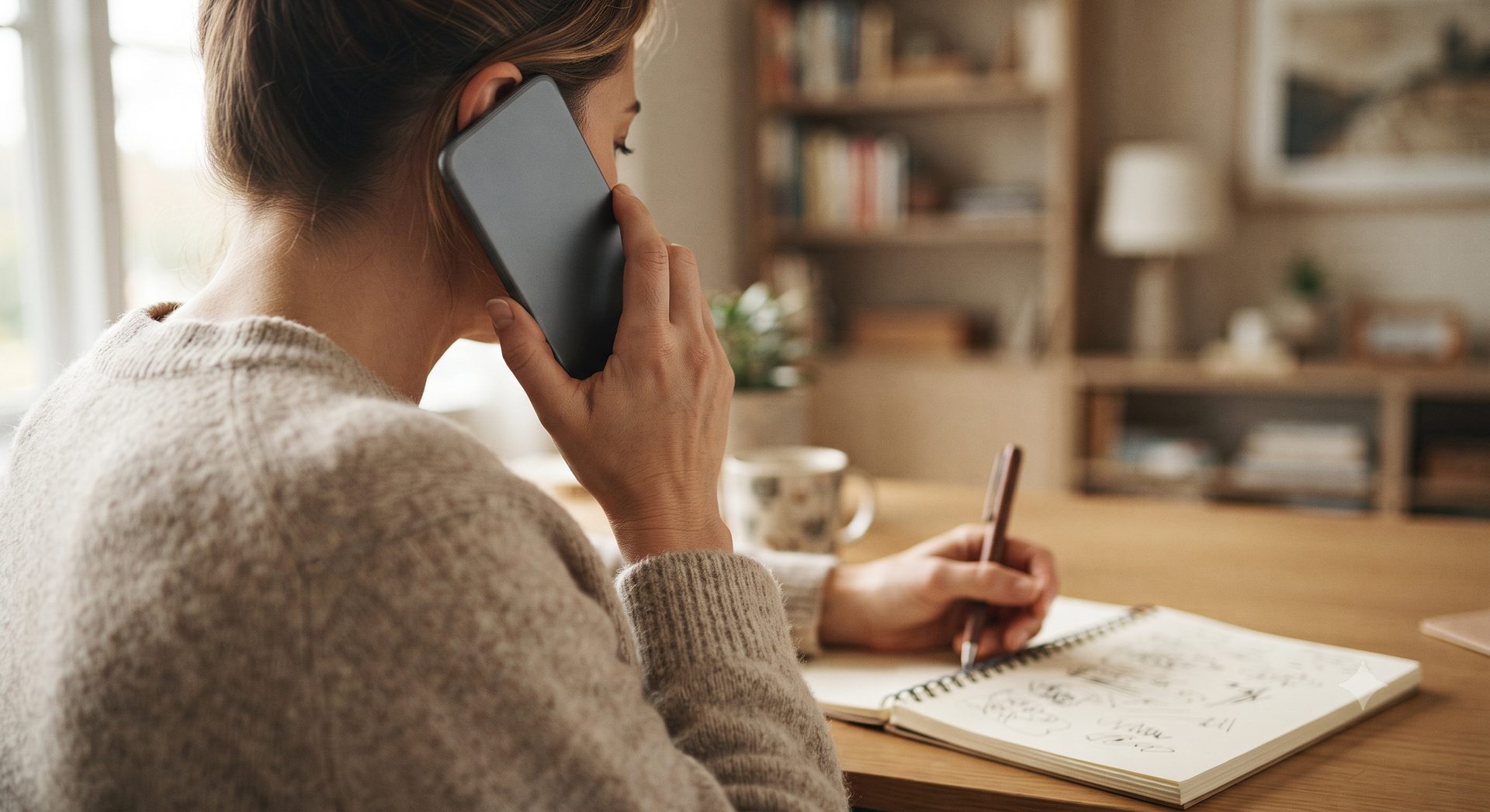 Woman on a phone call at a desk, writing notes in a spiral notebook