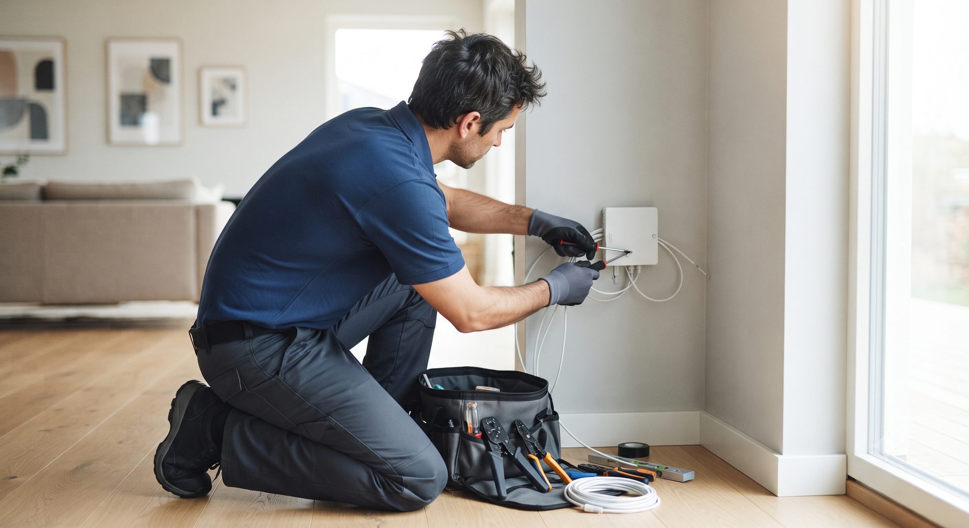 Technician kneeling on a wooden floor, connecting cables to a small white box low on a wall, his tool bag beside him