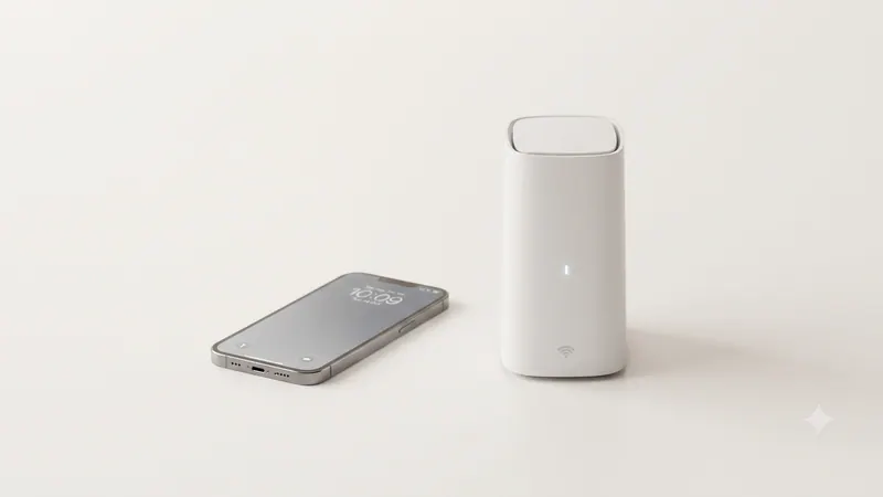 A white Wi-Fi gateway beside a smartphone lying face up on a pale surface