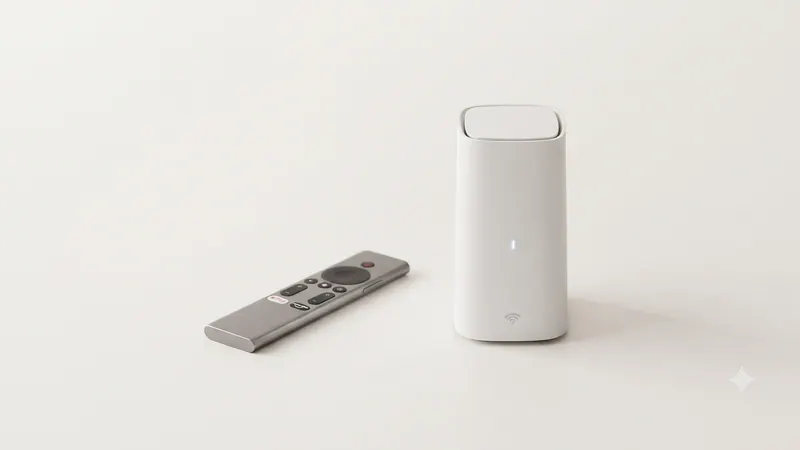 A white Wi-Fi gateway next to a gray TV remote