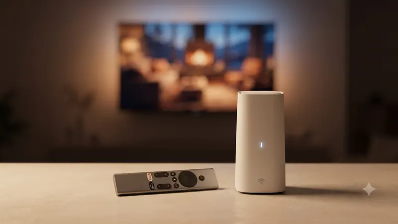 A white gateway and a remote on a table, with a TV glowing in the background