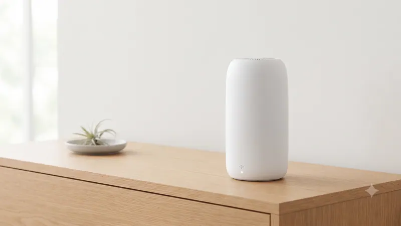 A white rounded gateway on a wooden dresser beside a small air plant