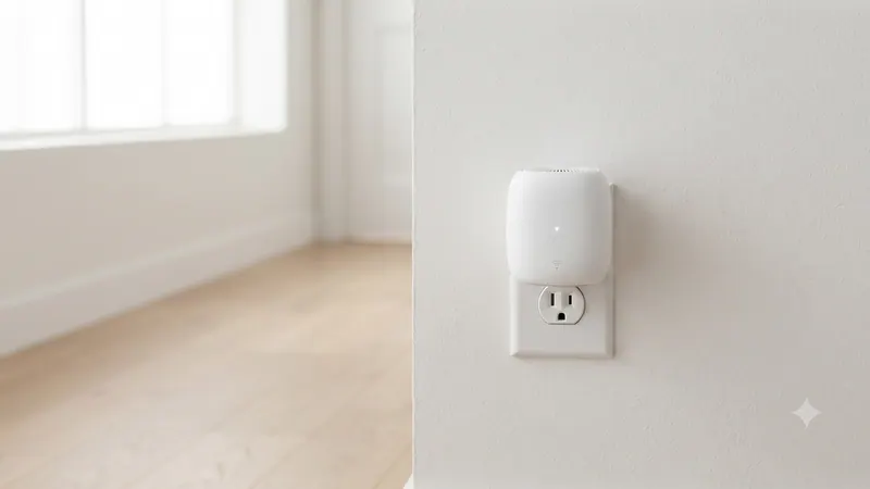 A small white mesh extender plugged into a wall outlet