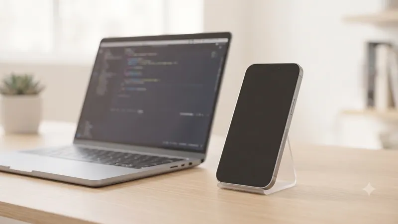 A smartphone on a clear stand next to an open laptop on a wooden desk