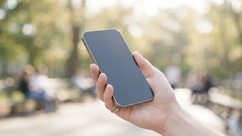 A hand holding a smartphone in a sunny park