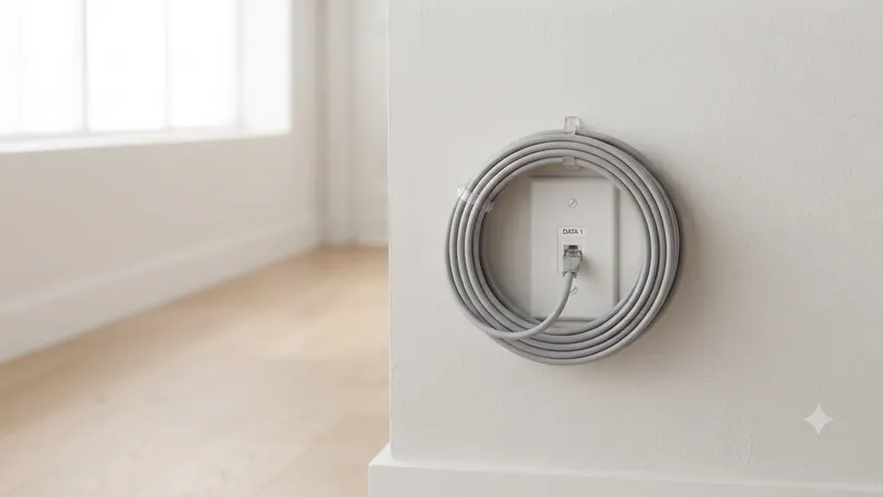 A coiled gray network cable hanging around a wall data jack