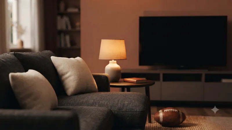 A living room with an American football on the rug beside a gray sofa