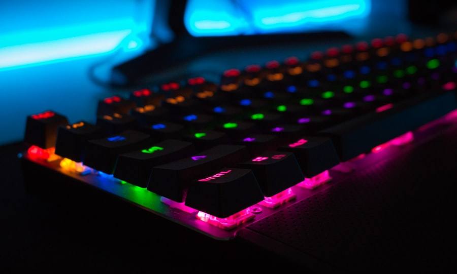 A backlit mechanical keyboard glowing in rainbow colors