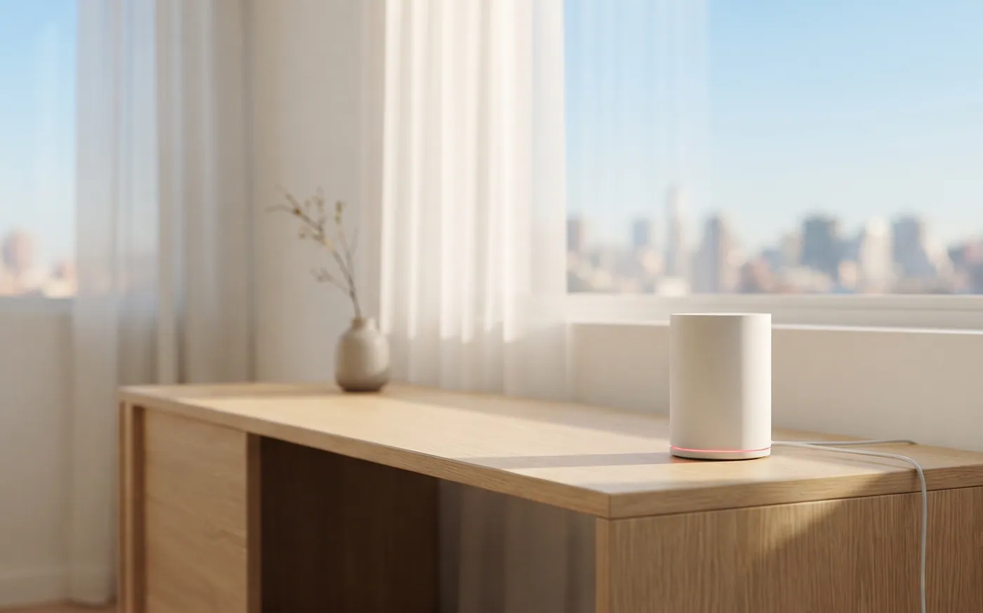 A white cylindrical gateway with a glowing base on a wooden desk by a sunlit window