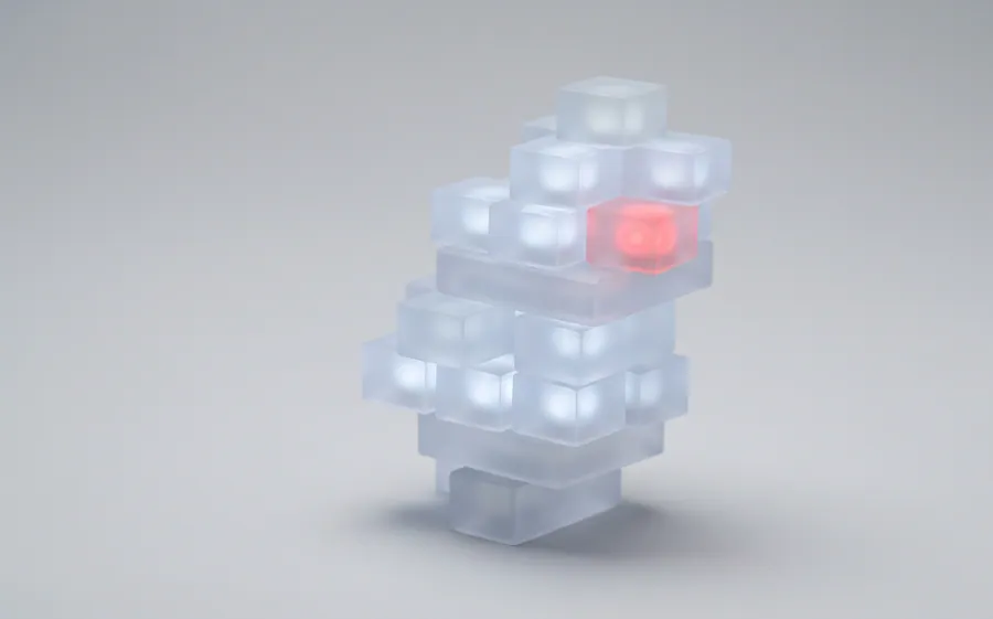 A stack of frosted glass cubes lit from inside, one glowing red