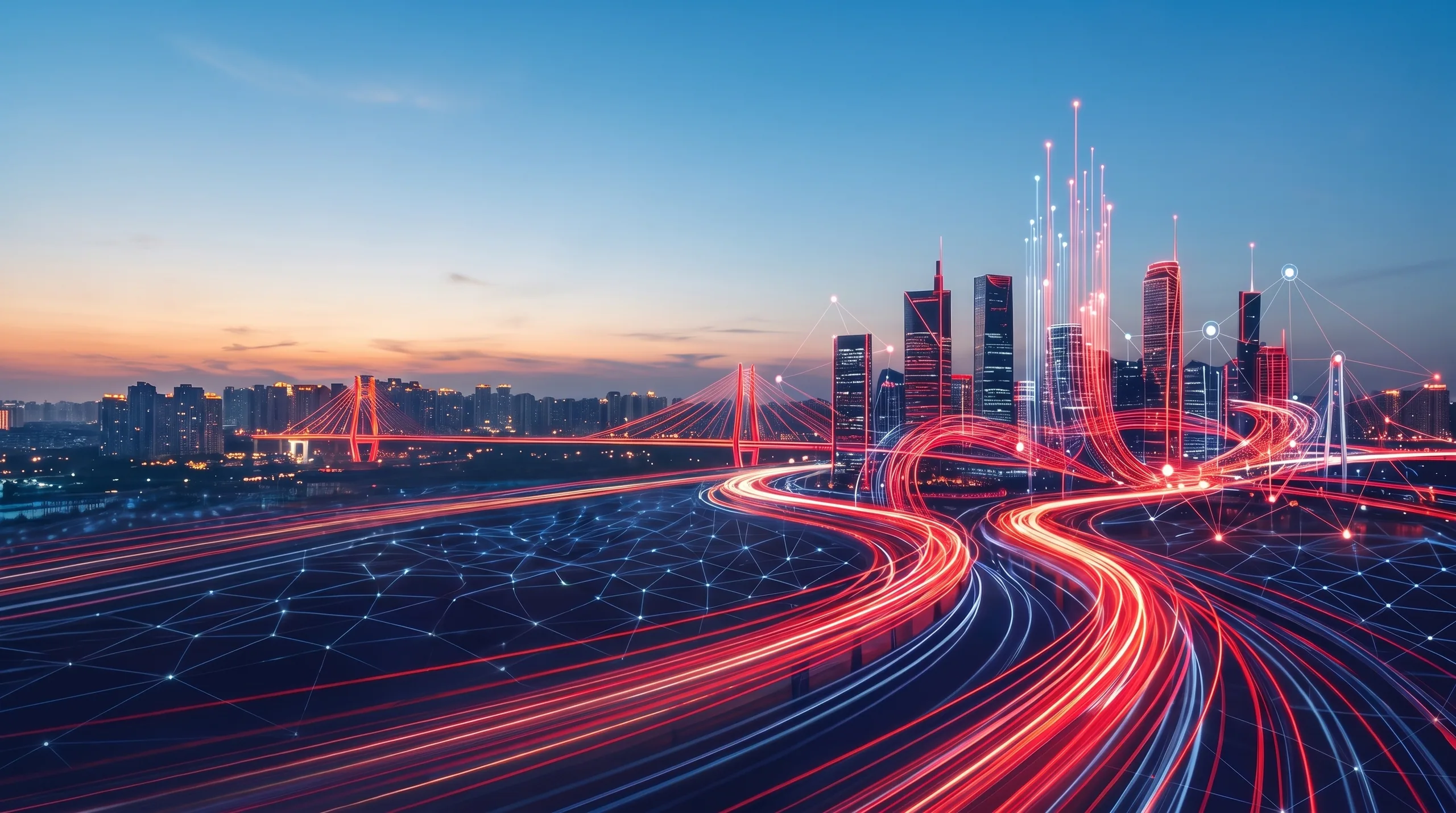 Red and blue light trails sweeping toward a lit city skyline and a cable-stayed bridge at dusk