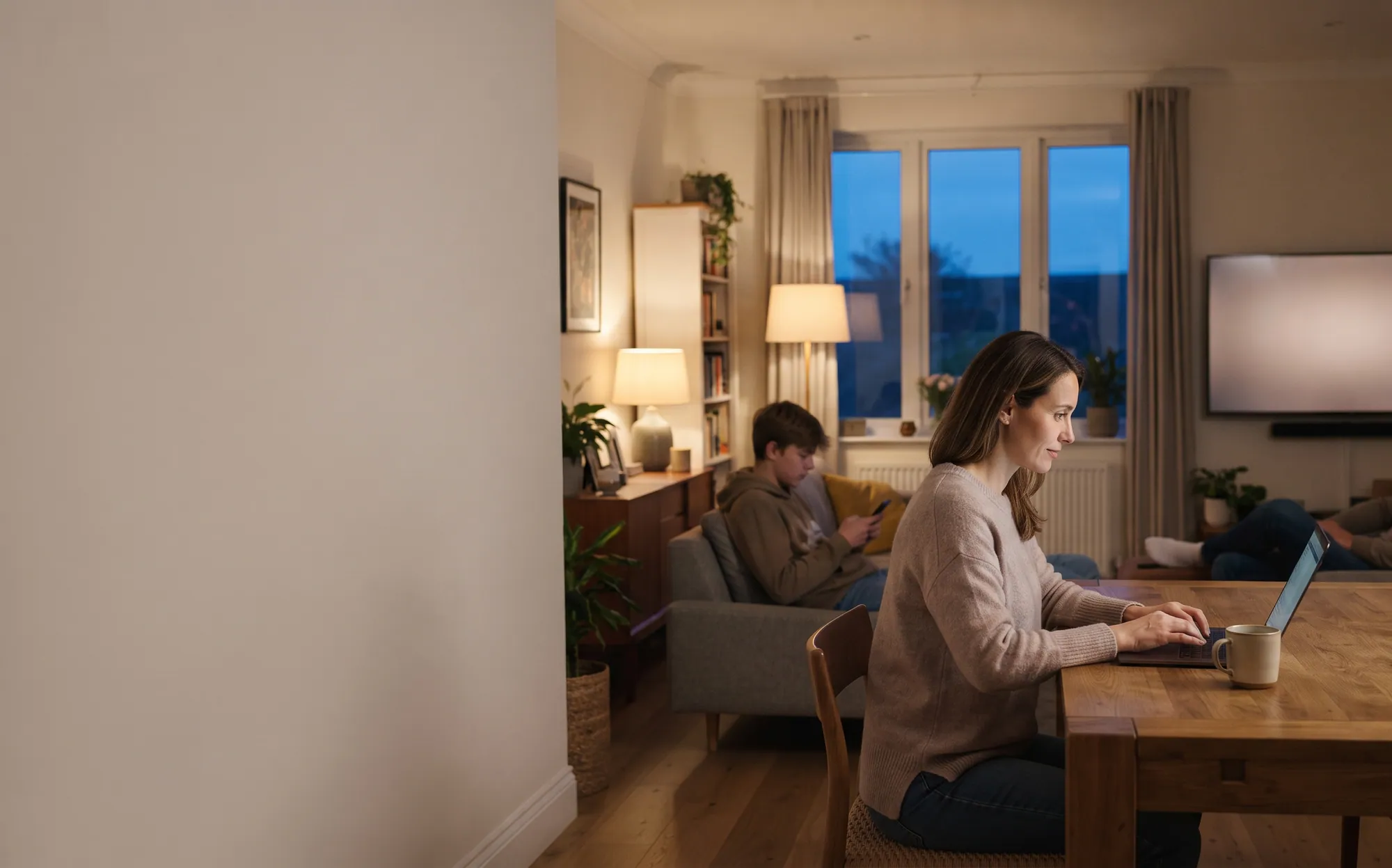A woman works on a laptop at a dining table while a teenager on the sofa behind her looks at his phone